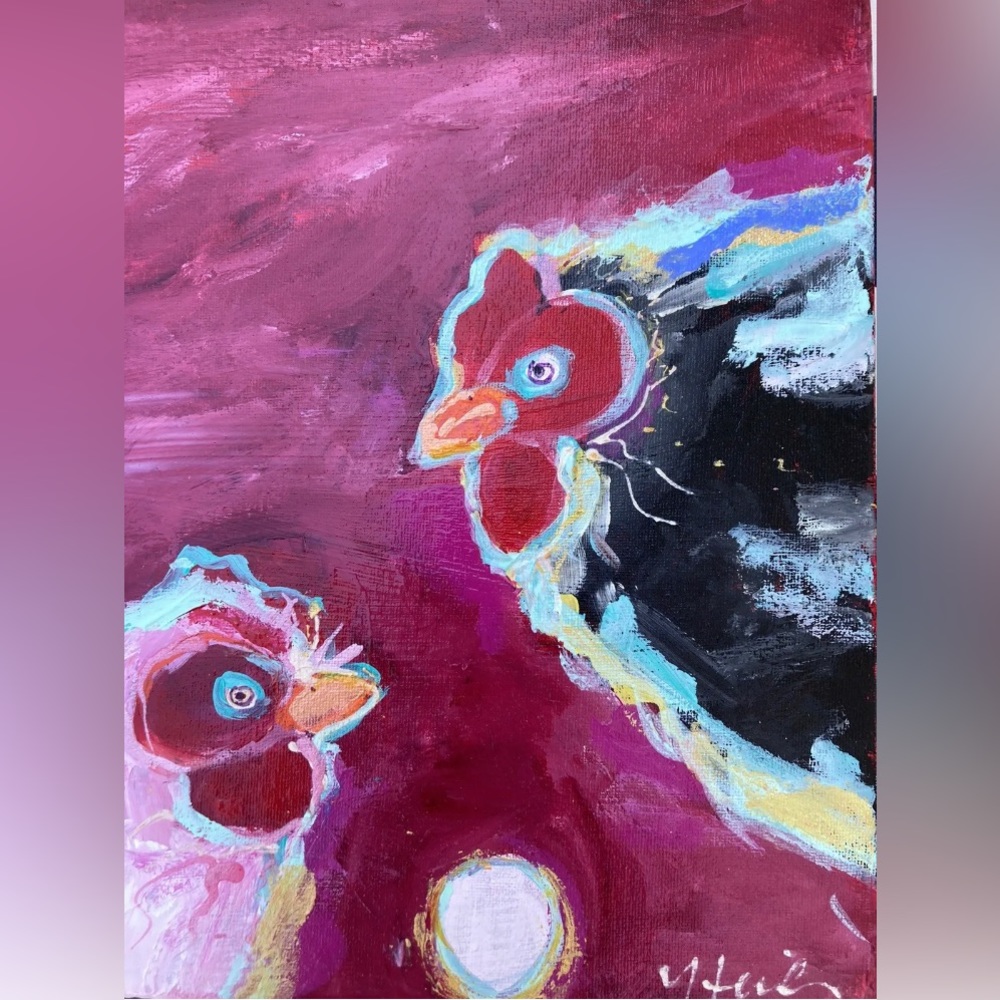 Three Chickens And An Egg””An Acrylic Original Painting 16”x12” On Canvas - Picture 9 of 14